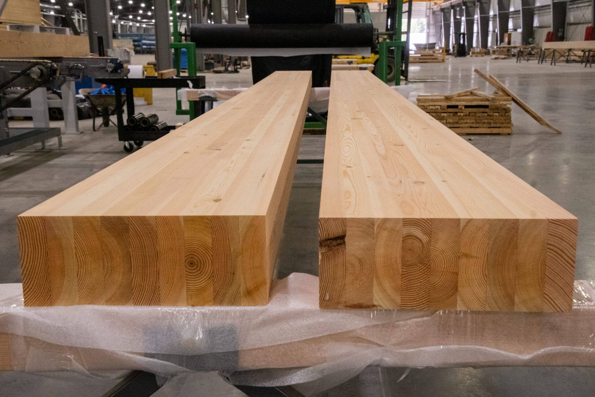 two long douglas fir glulam beams scaled and lying down in mass timber facility