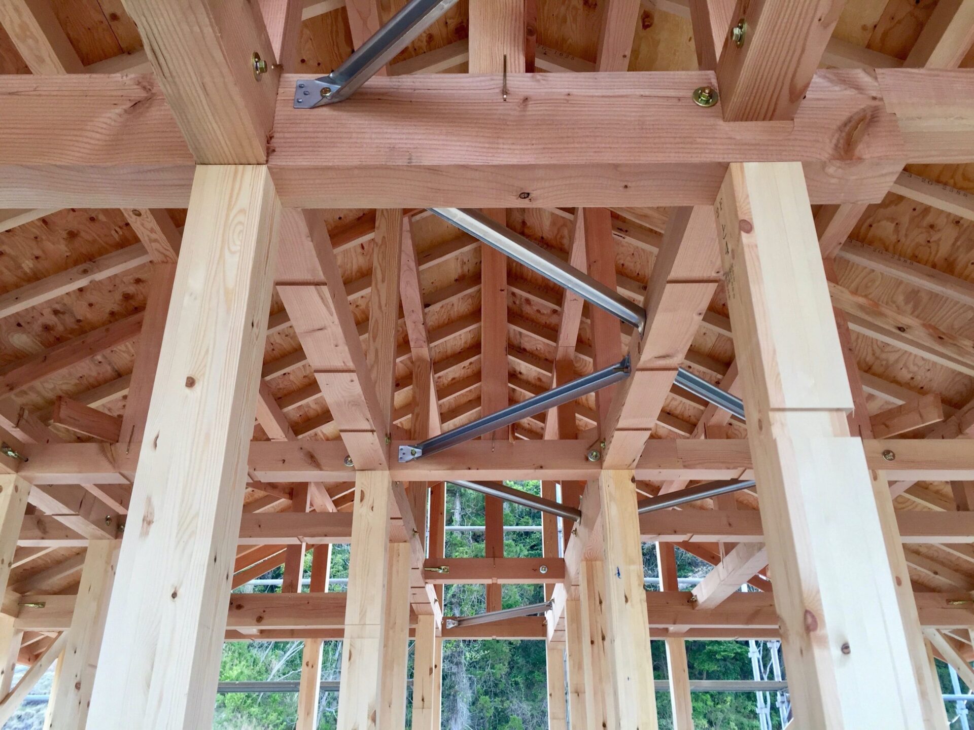 mass timber building post and beam frame made of japan zairai lumber and cross laminated timber