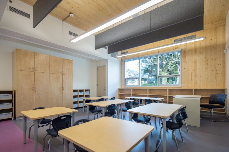This classroom has cross laminated timber walls and ceilings.