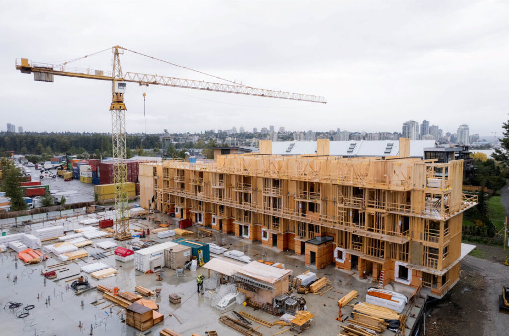 This is a 77-unit mass timber mid-rise housing project.