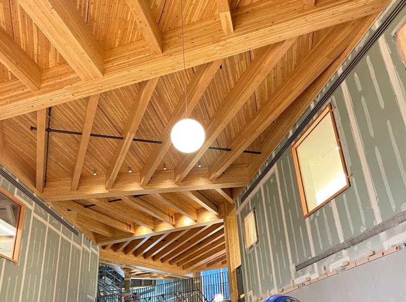We provided mass timber for this science center upgrade at Wellesley College. The ceiling is pictured..