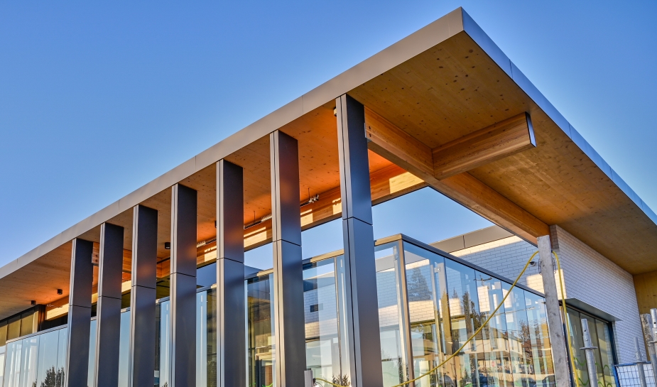 Community center with exposed DFL Glulam beams as well as Cross Laminated Timber panels