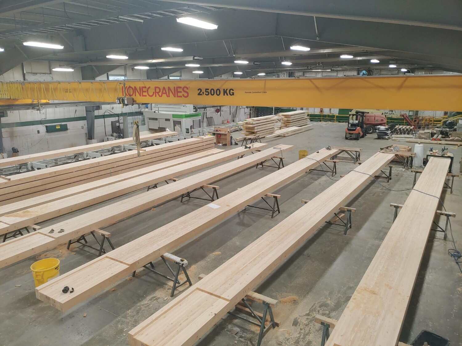 Our exposed Glulam beams are prefabricated at Kalesnikoff's mass timber facility