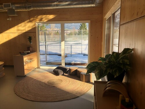 Exposed Spruce CLT (cross laminated timber) makes up the walls and ceilings at this centre, which showcases mass timber inside and out.