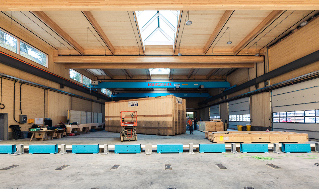 Spearhead's new industrial shop has mass timber walls and a mass timber ceiling.