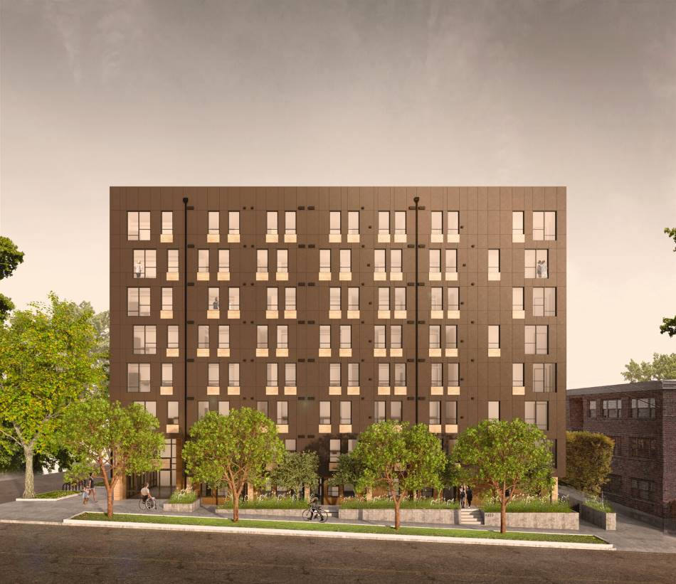 Mass timber office and residential building rendering