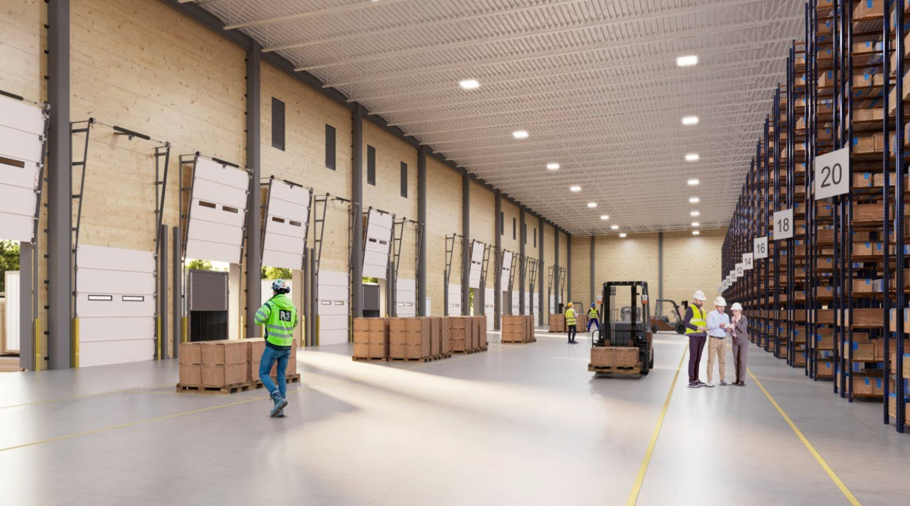 This is an interior rendering of a mass timber warehouse with CLT panels.