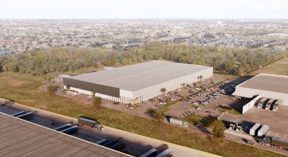 This is an aerial rendering of a mass timber industrial warehouse in Dallas.