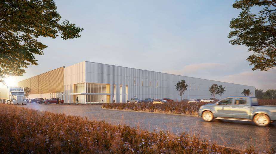 This is an exterior rendering of a mass timber industrial warehouse in Dallas.