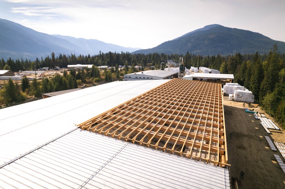 Aerial shot of mass timber trusses at construction expansion