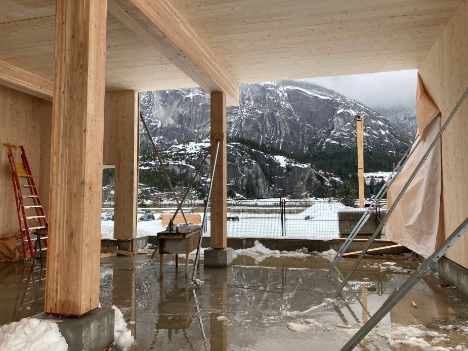 Exposed CLT and glulam at Oceanfront Presentation Centre and Public House in Squamish.